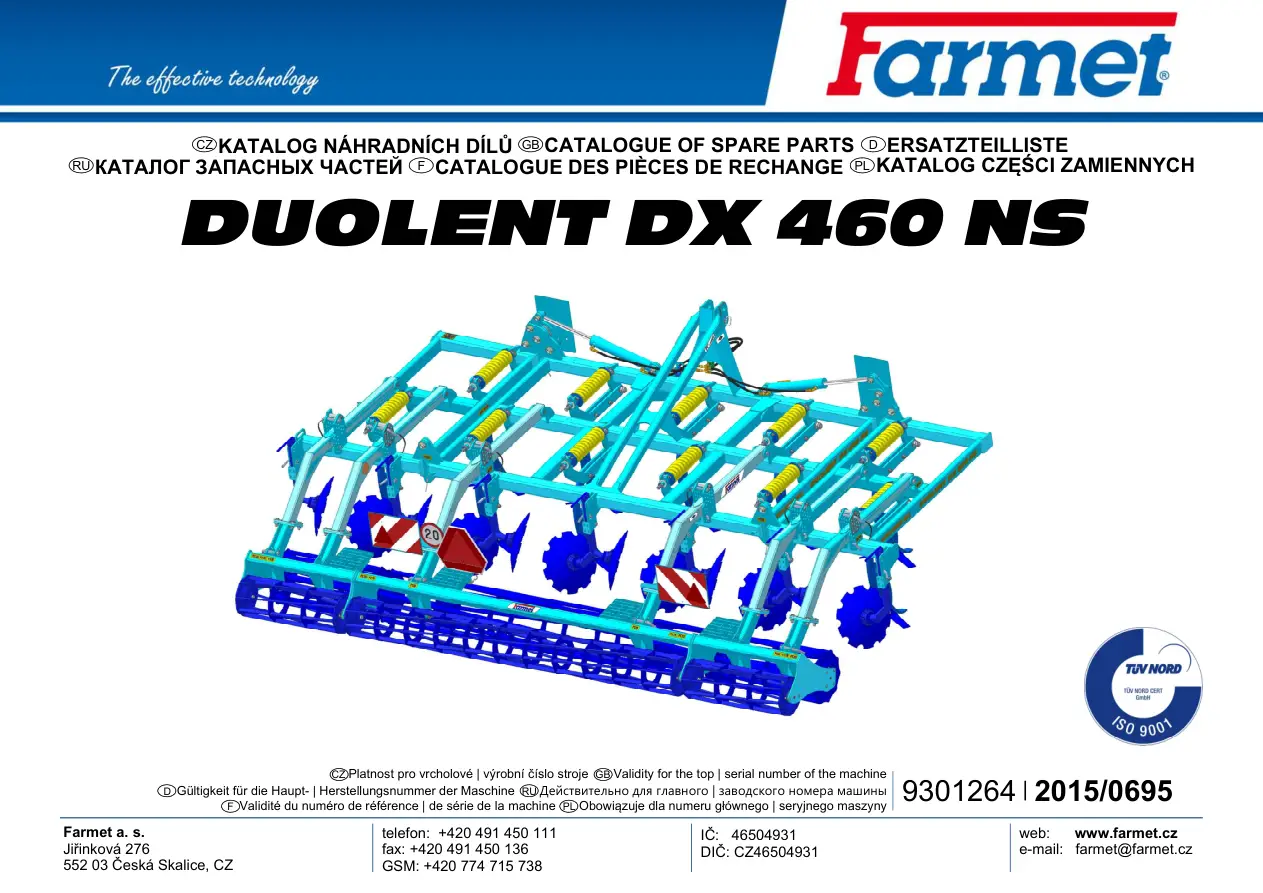 Farmet Duolent Dx460Ns 2015 Parts Manual