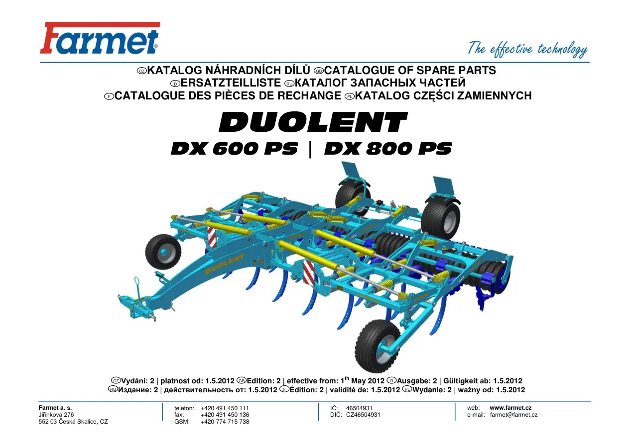 Farmet Duolent Dx600 Dx800 Ps Parts Manual