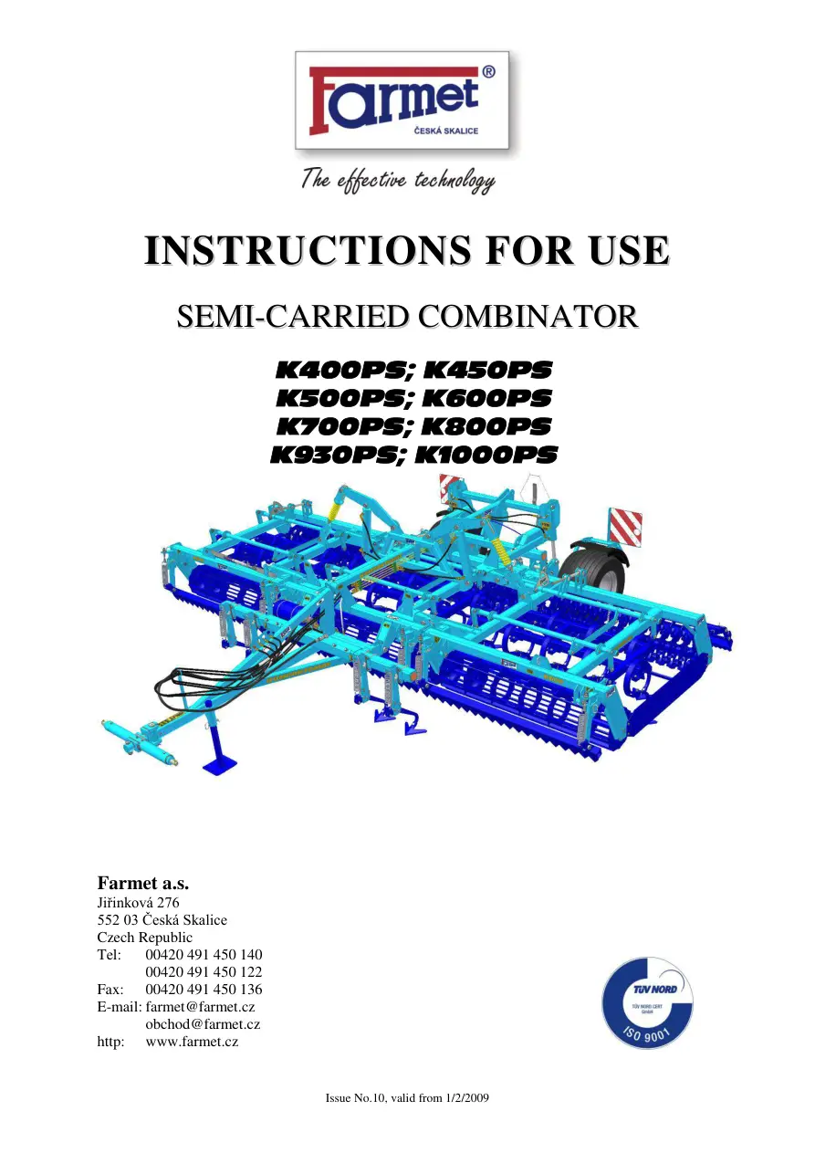 Farmet K400 450 500 600 700 800 930 1000 Ps Operators Manual