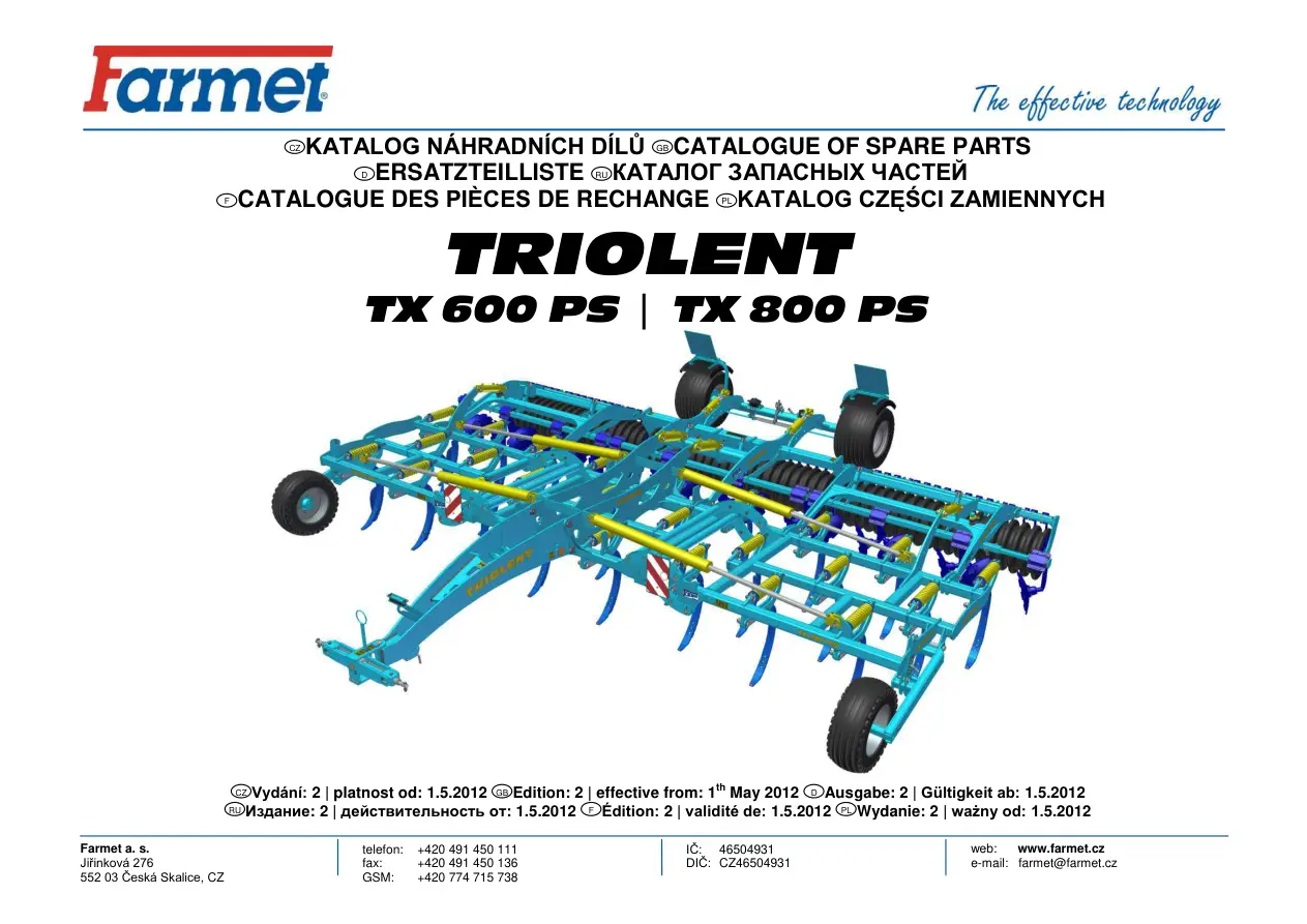 Farmet Triolent Tx600 Tx800 Parts Manual