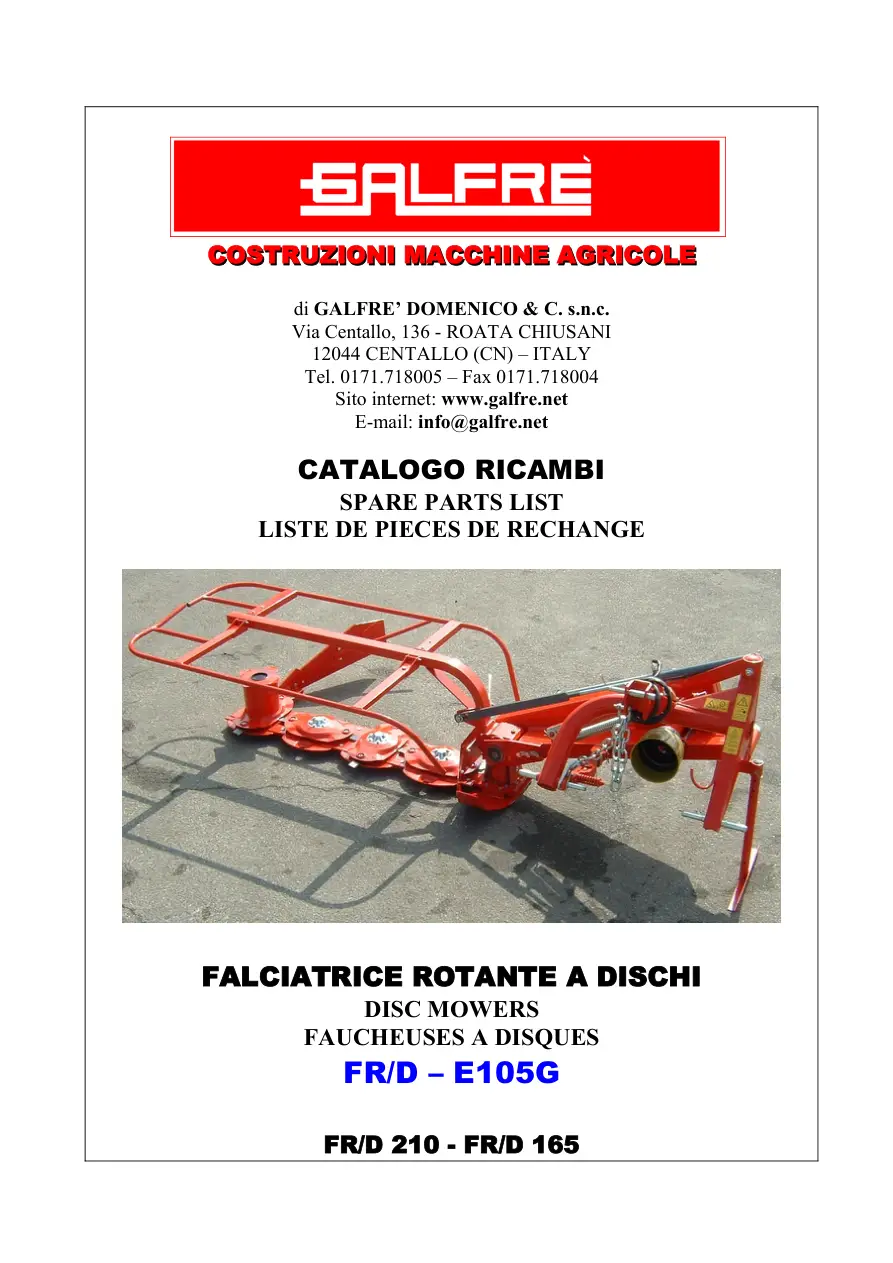 Galfre Disc Mower Fr D 165 210 E105G Parts Manual