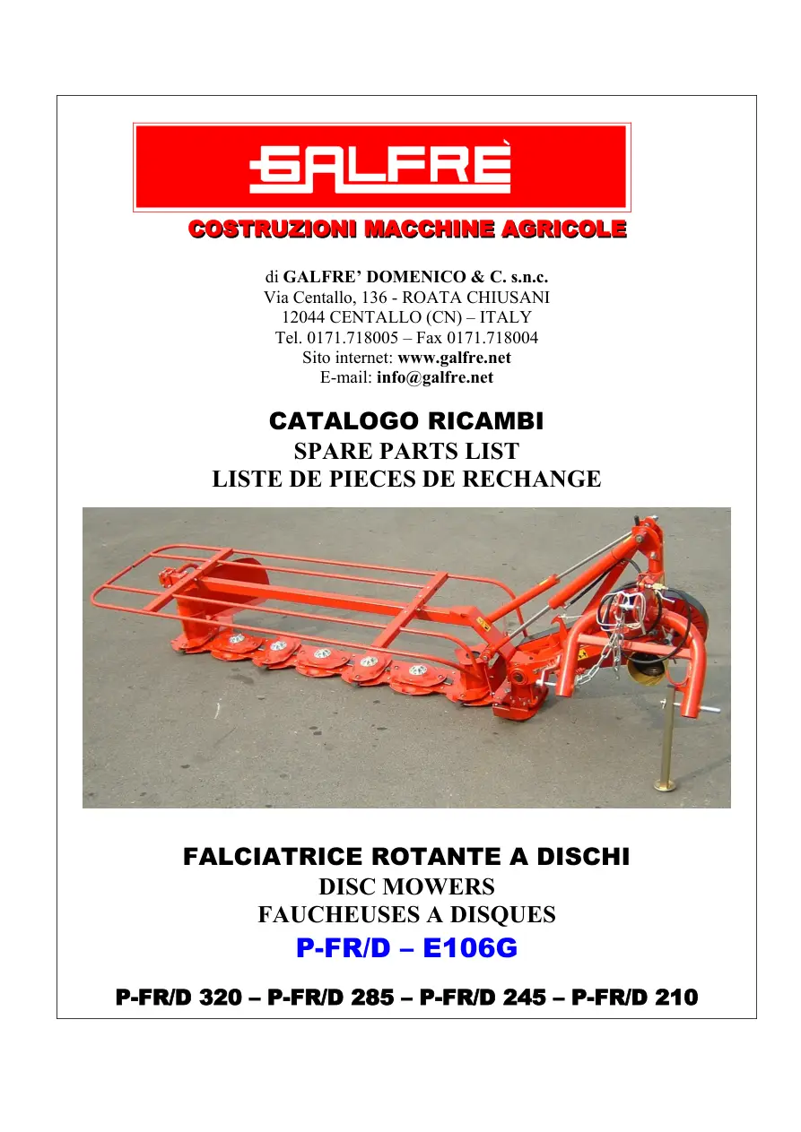 Galfre Disc Mower P Fr D 320 285 245 210 E106G Parts Manual