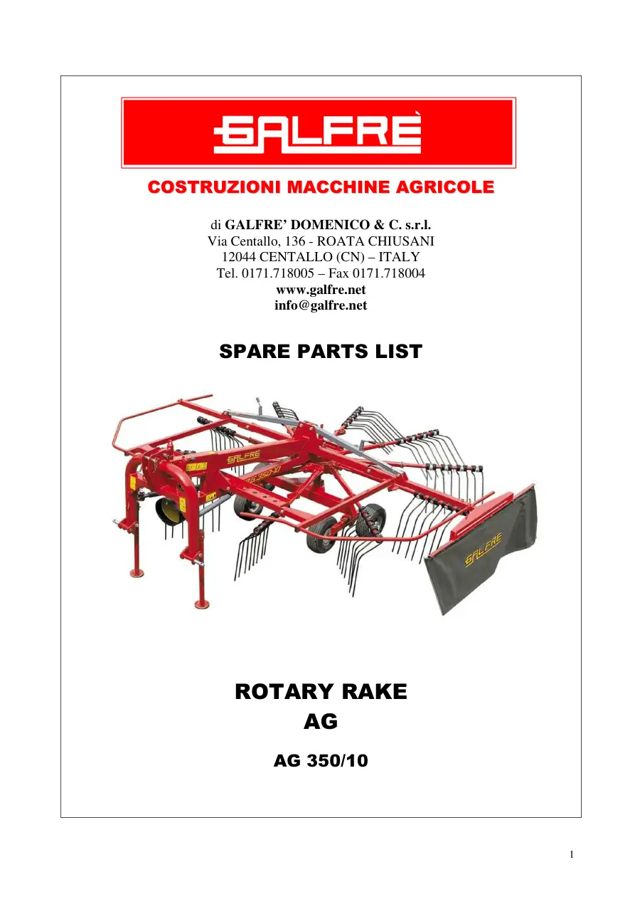 Galfre Ag 350 10 2012 Parts Manual