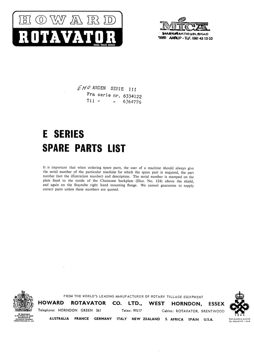 Howard Rotavator E Parts Manual