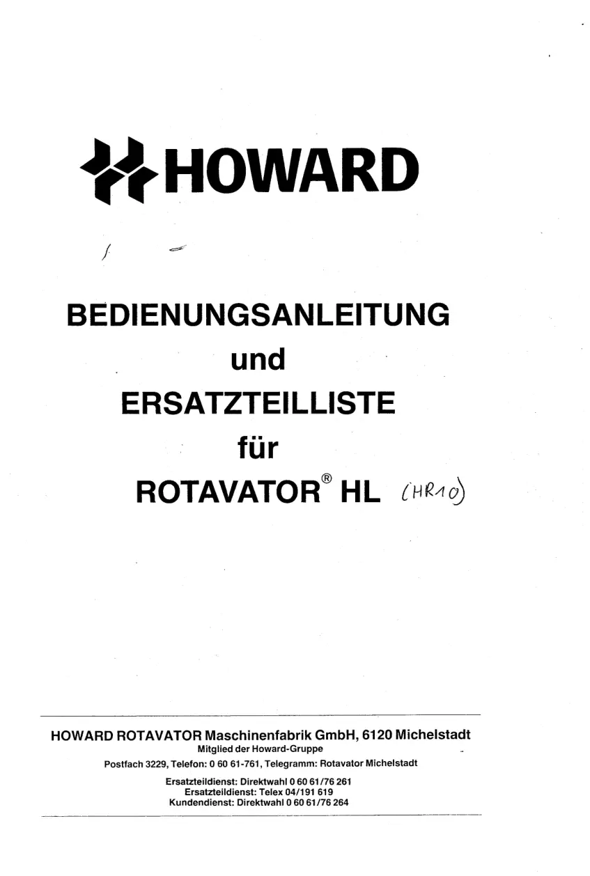Howard Rotavator Hl Parts Manual
