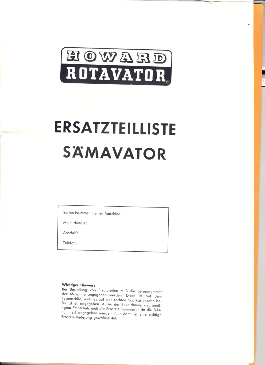 Howard Samavator Parts Manual