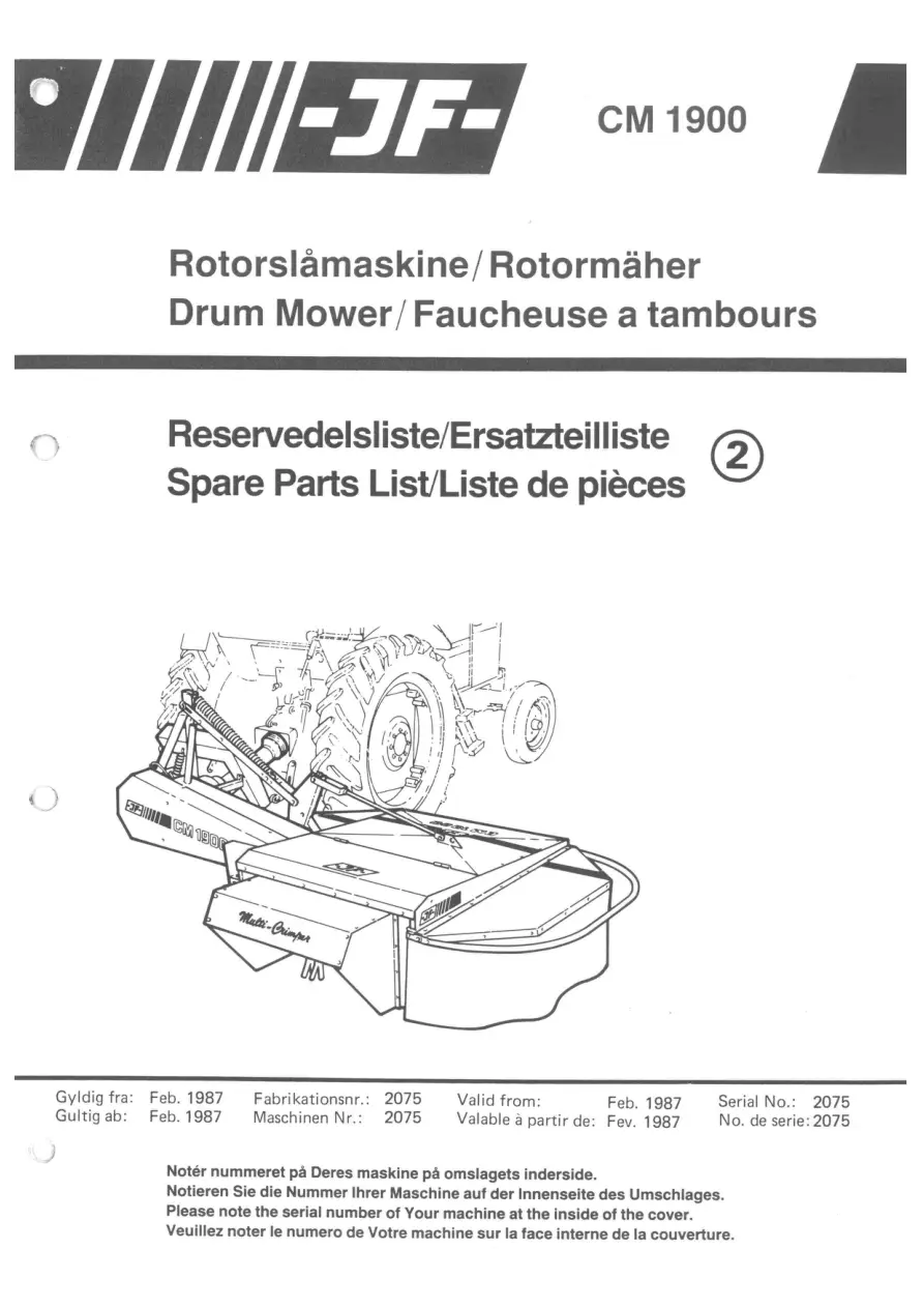 JF Stoll Cm 1900 Mower 1987 Parts Manual