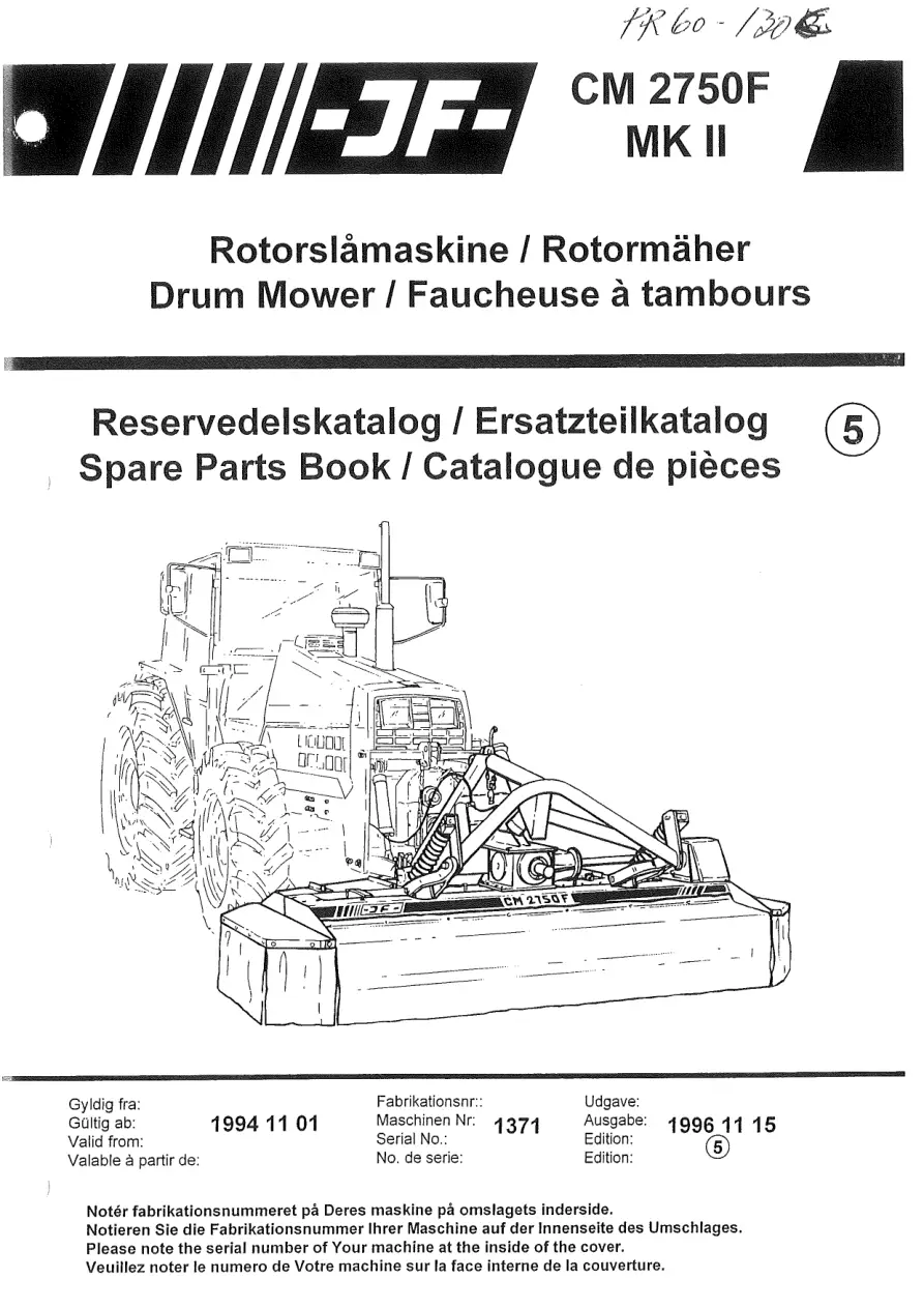 JF Stoll Cm 2750 F Mower 1994 Parts Manual