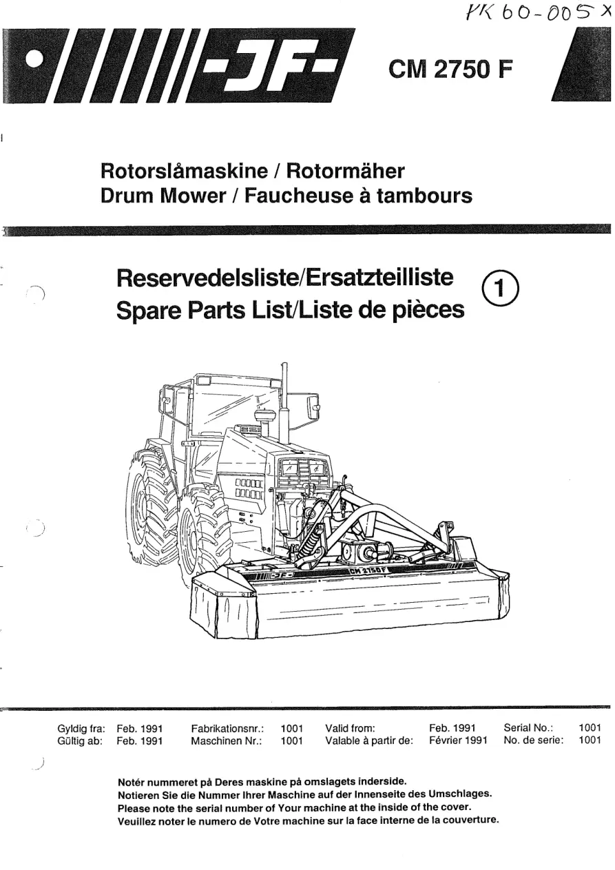 JF Stoll Cm 2750 F 1991 Parts Manual