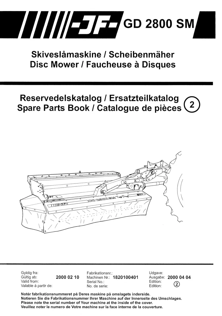 JF Stoll Gd 2800 Sm Mower Parts Manual