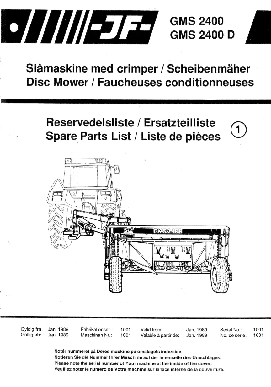 JF Stoll Gms 2400 D Mower Parts Manual