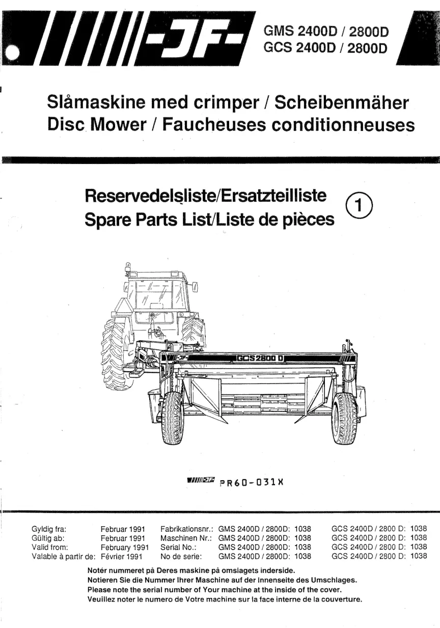 JF Stoll Gms Gcs 2400 2800 D Mower Parts Manual