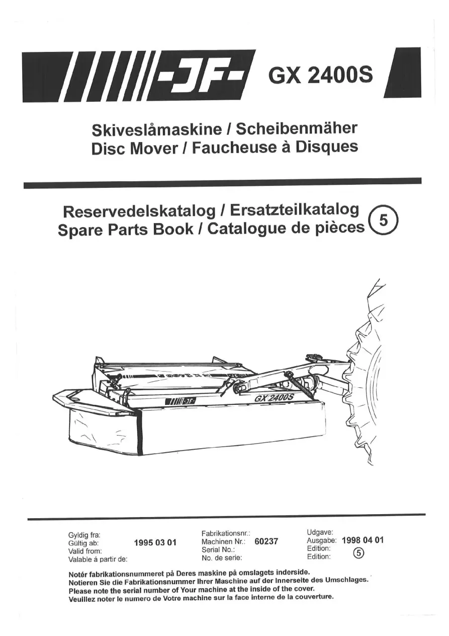 JF Stoll Gx 2400 S Mower 1995 Parts Manual