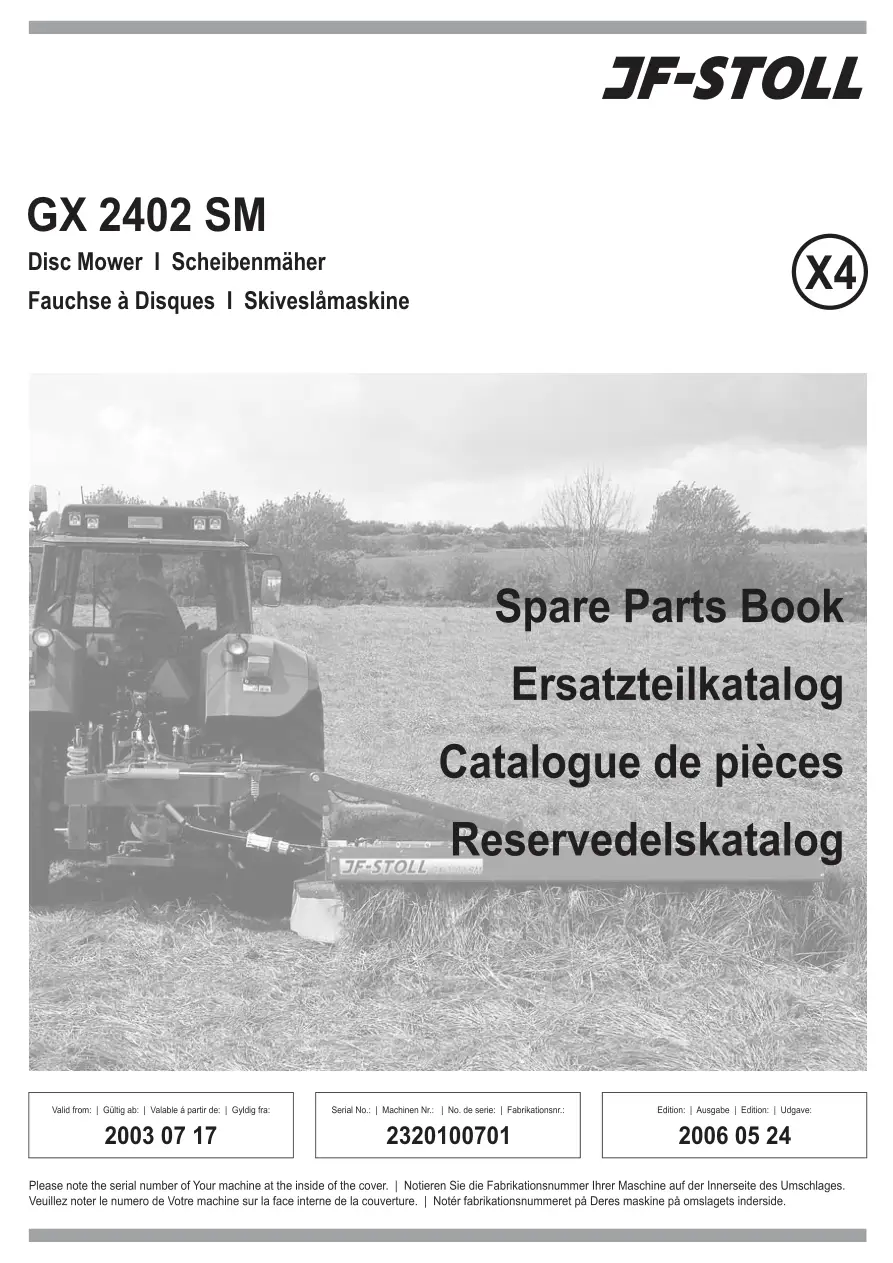 JF Stoll Gx 2402 Sm Mower Parts Manual