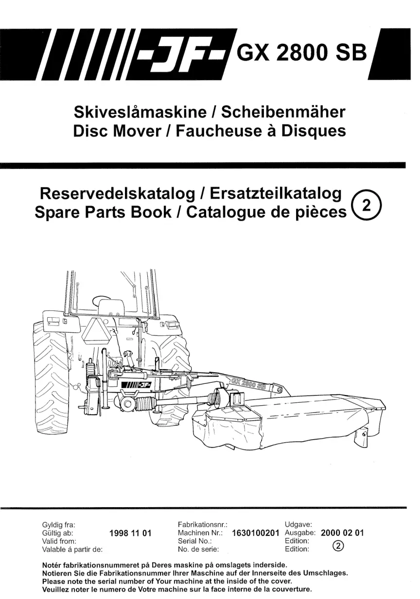 JF Stoll Gx 2800 Sb Mower 1998 Parts Manual