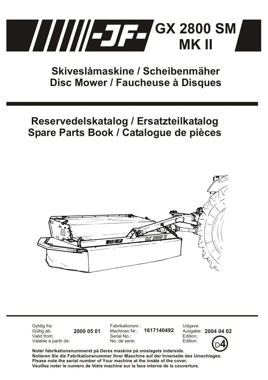 JF Stoll Gx 2800 Sm Mower Parts Manual