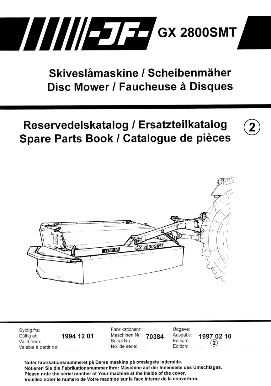 JF Stoll Gx 2800 Smt Mower Parts Manual