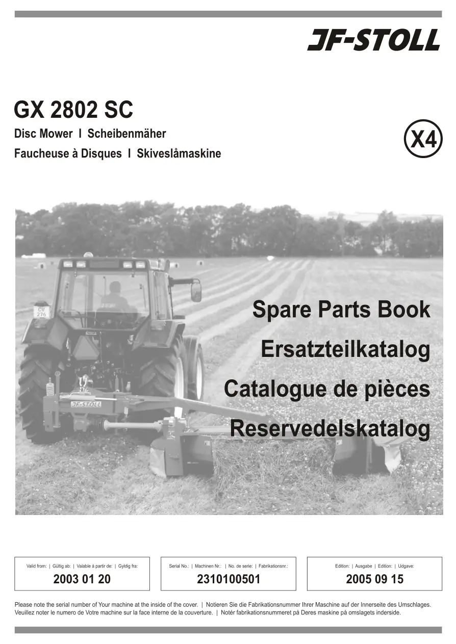 JF Stoll Gx 2802 Sc Mower Parts Manual