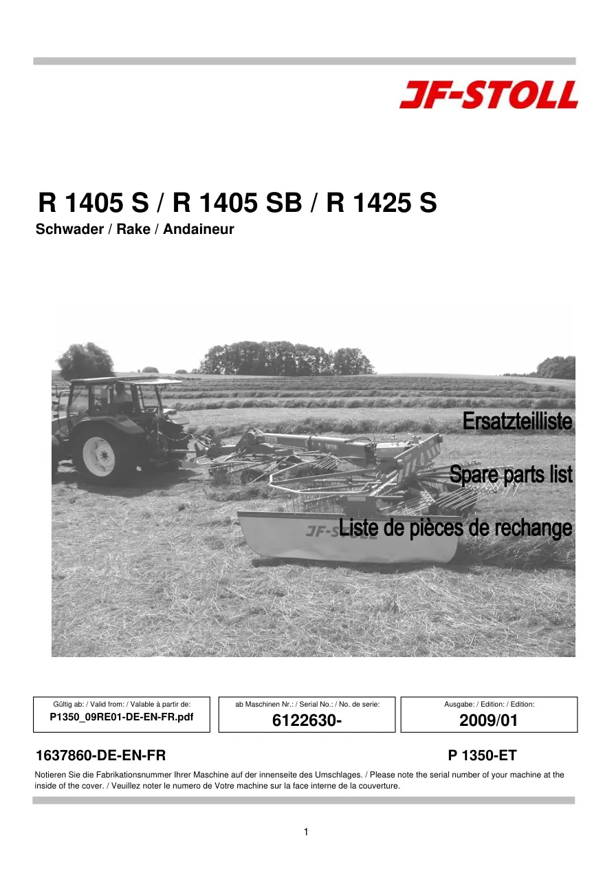 JF Stoll R 1405 1425 S Sb Parts Manual