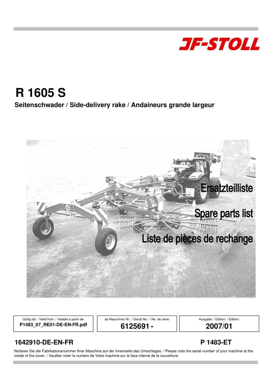 JF Stoll R 1605 S Parts Manual