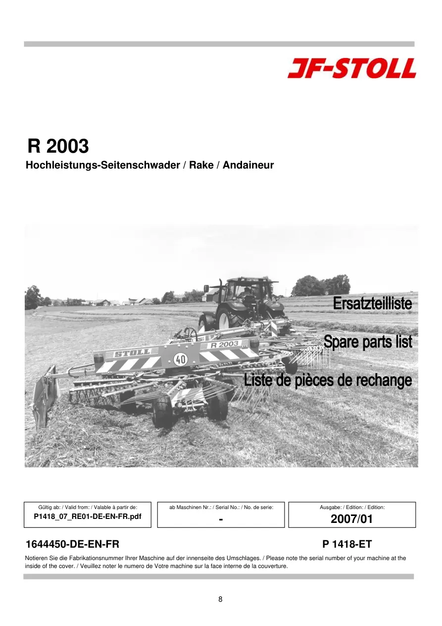 JF Stoll R 2003 2003 Parts Manual