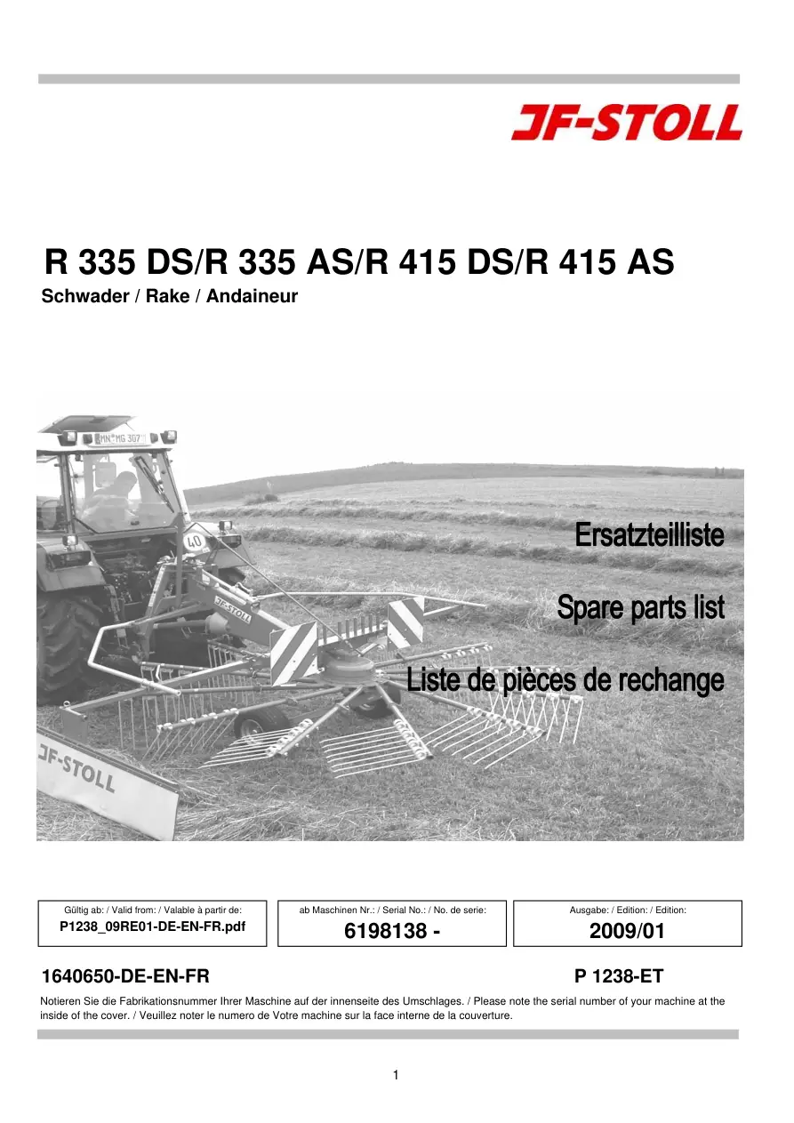 JF Stoll R 335 415 Ds As Parts Manual