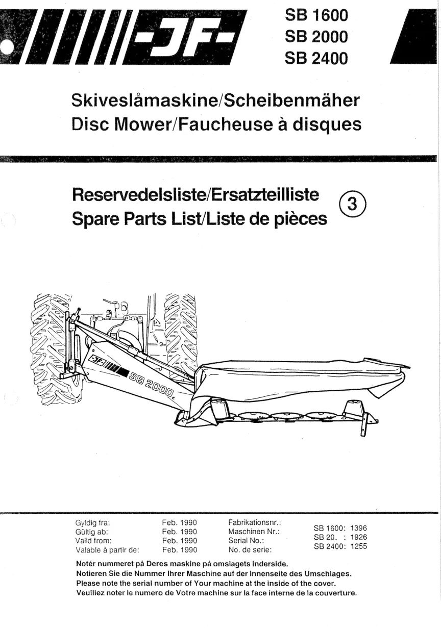 JF Stoll Sb 1600 2000 2400 Mower 2000 Parts Manual