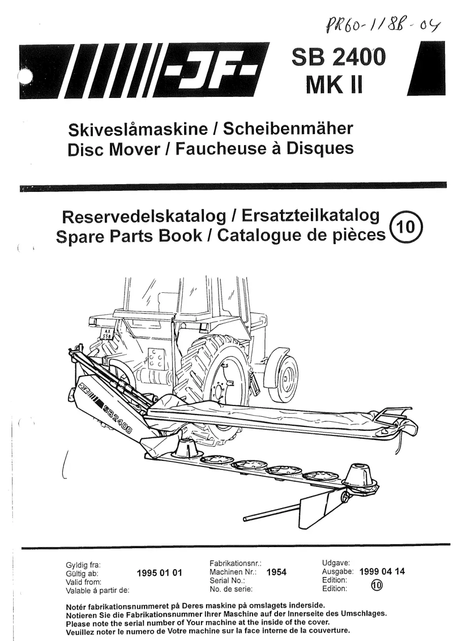 JF Stoll Sb 2400 Mower 1995 Parts Manual