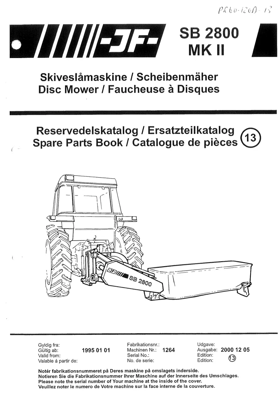 JF Stoll Sb 2800 Mower 1995 Parts Manual