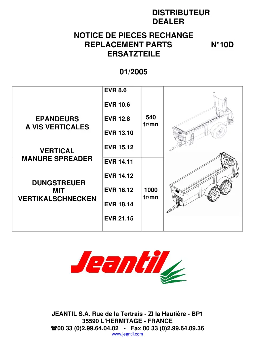 Jeantil Evr 8.6 10.6 12.8 13.10 15.12 14.11 14.12 16.12 18.14 21.15 Parts Manual