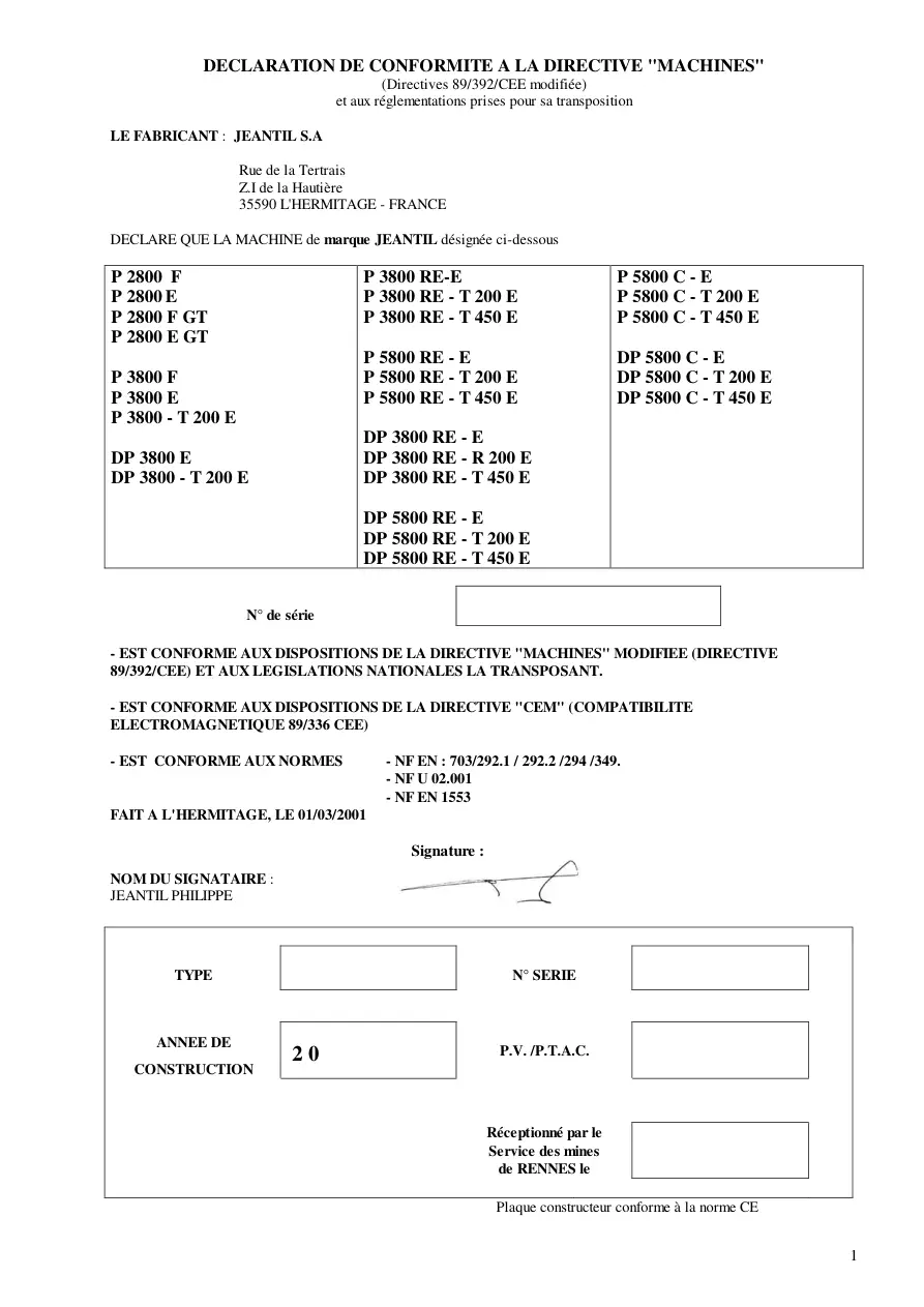 Jeantil P2800 3800 5800 Dp3800 5800 Parts Manual