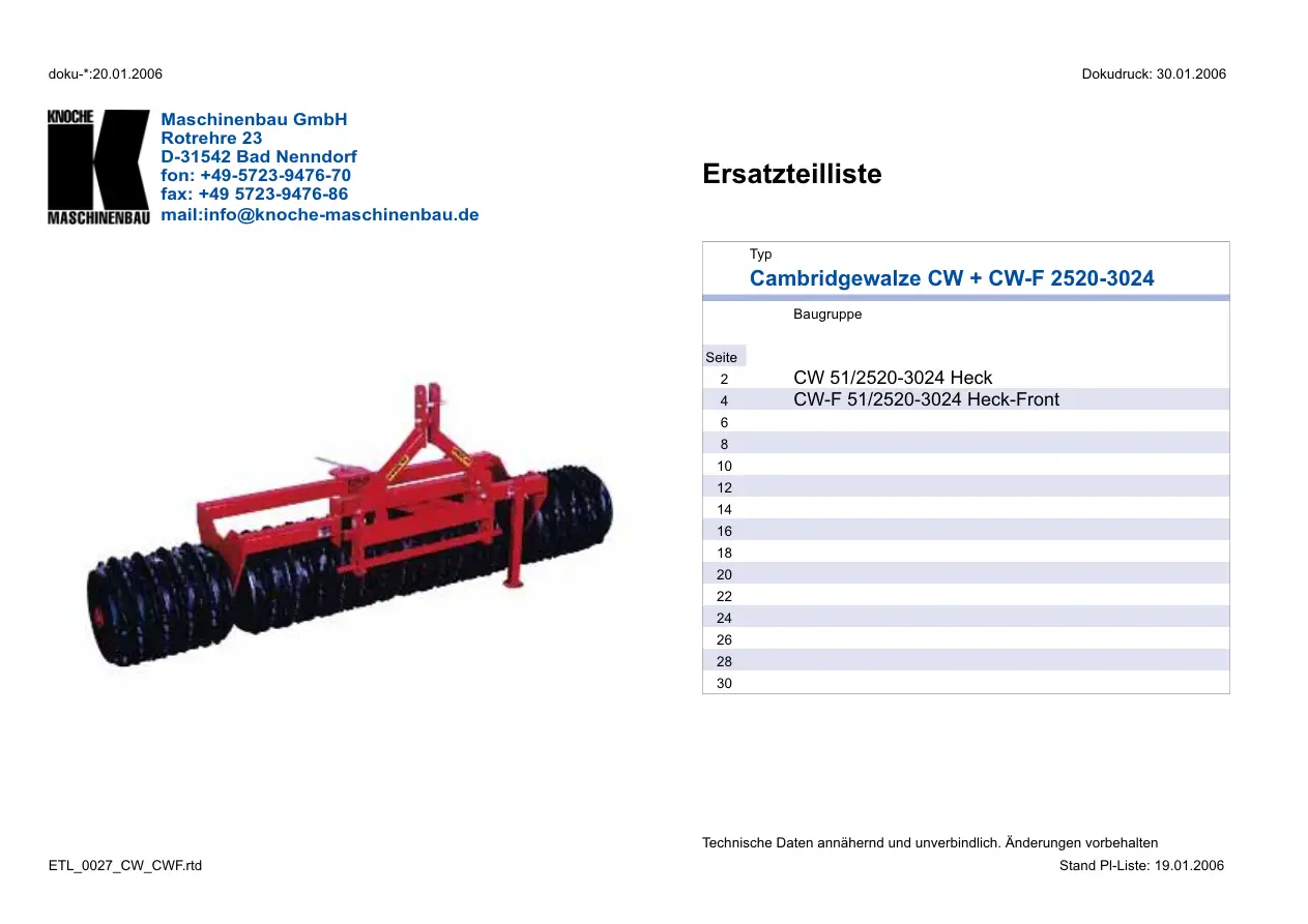 Knoche Cw Cwf 2520 3024 Tavalug Parts Manual