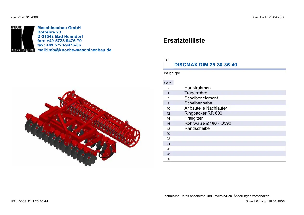 Knoche Discmax 25 30 35 40 Disc Parts Manual