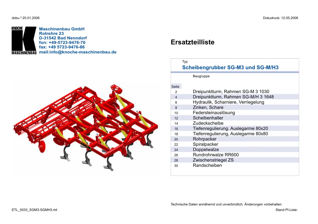 Knoche Sg M3 Sg Mh3 Scarificator Parts Manual