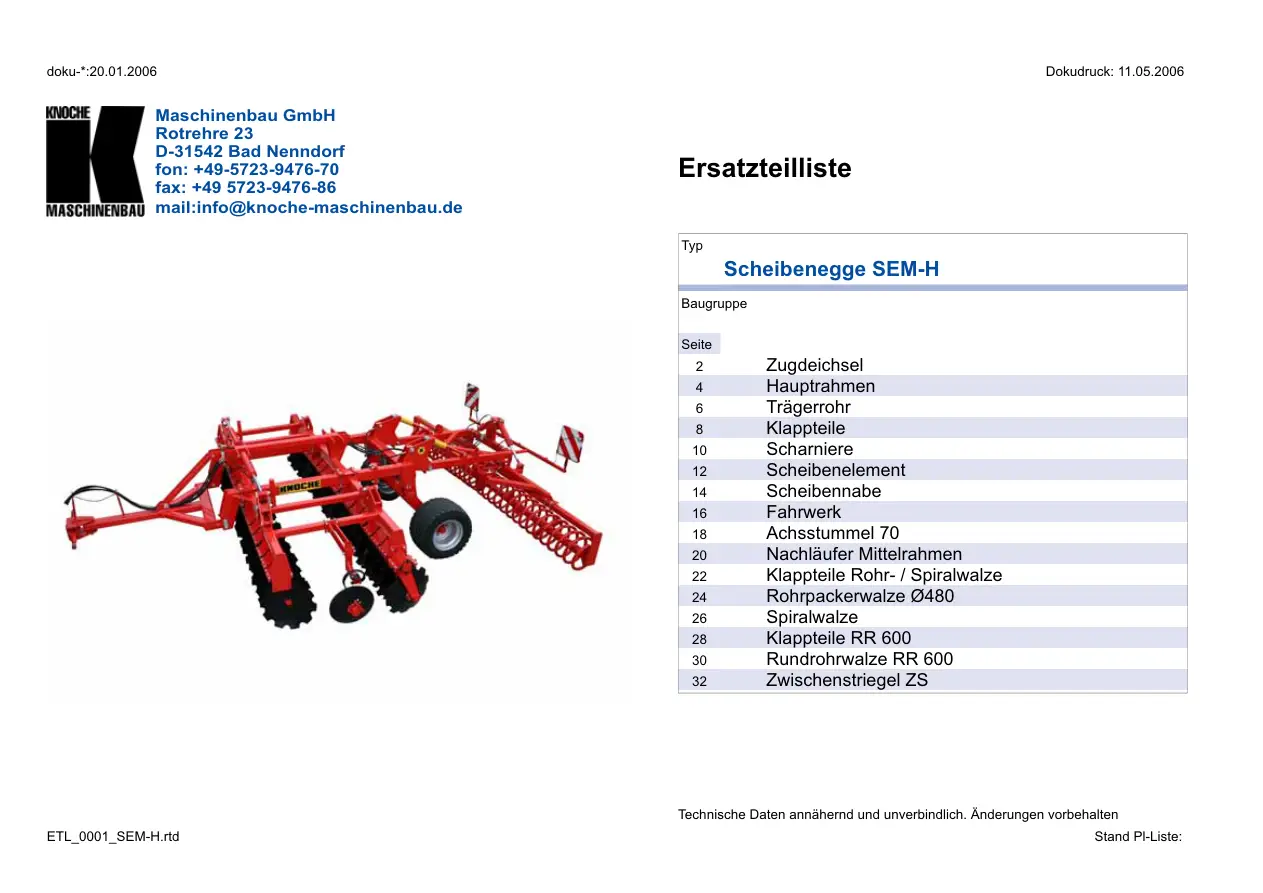Knoche Sem H Disc Parts Manual