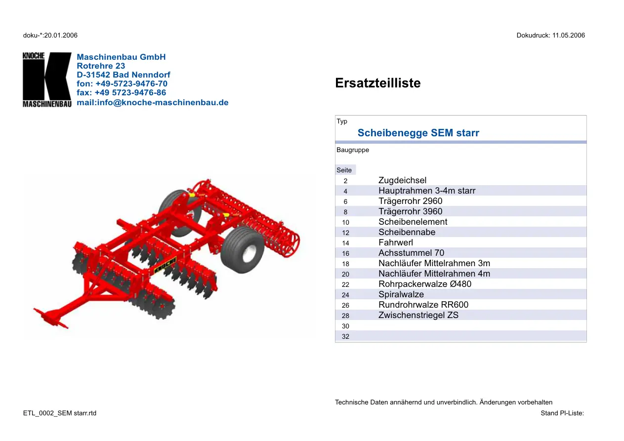 Knoche Sem Starr Disc Parts Manual
