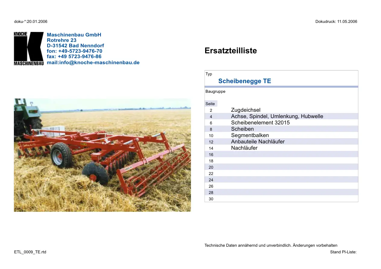 Knoche Te Disc Parts Manual