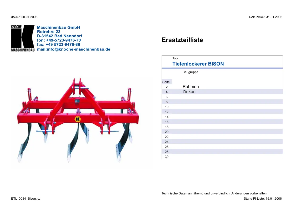 Knoche Tiefenlockerer Bison Scarificator Parts Manual