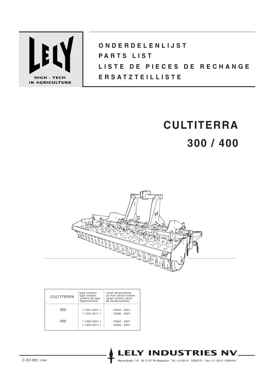 Lely Cultiterra 300 400 Parts Manual