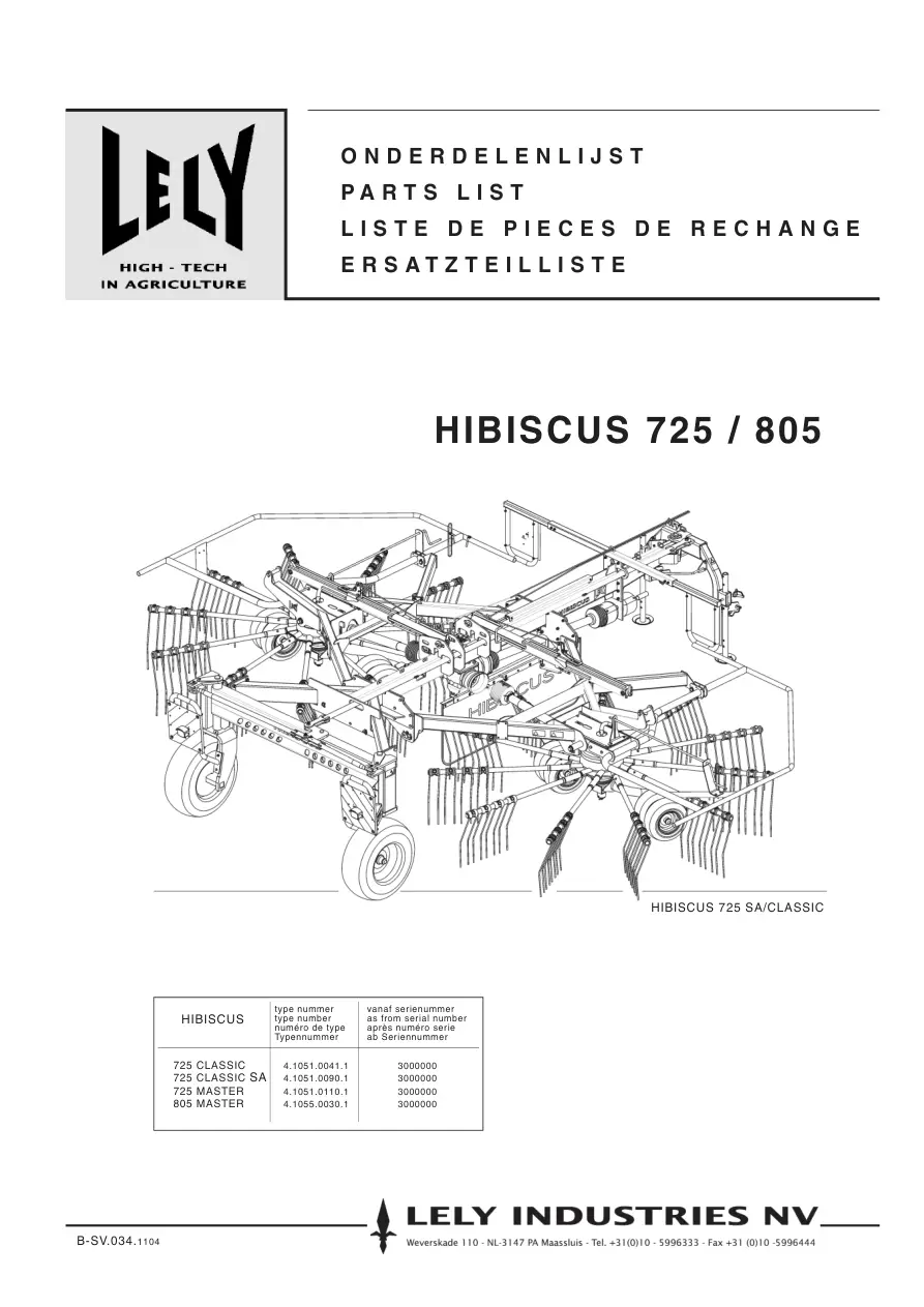 Lely Hibiscus 725 805 Parts Manual