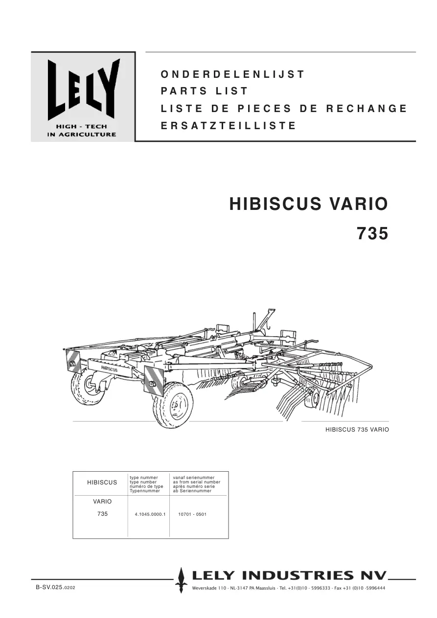 Lely Hibiscus 735 Vario Parts Manual