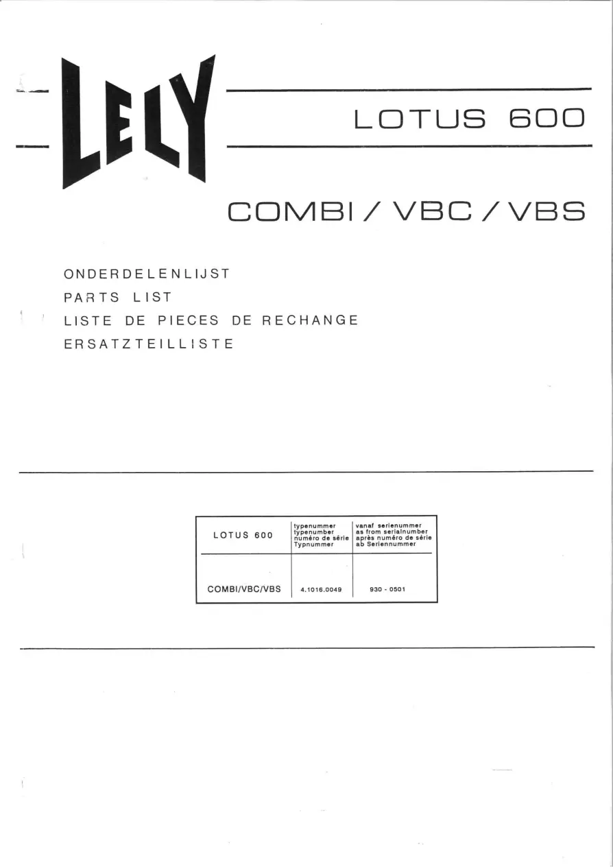 Lely Lotus 600 Vbc Vbs Parts Manual