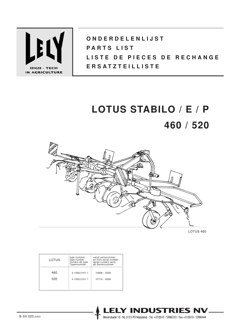 Lely Lotus Stabilo E P 460 520 Parts Manual