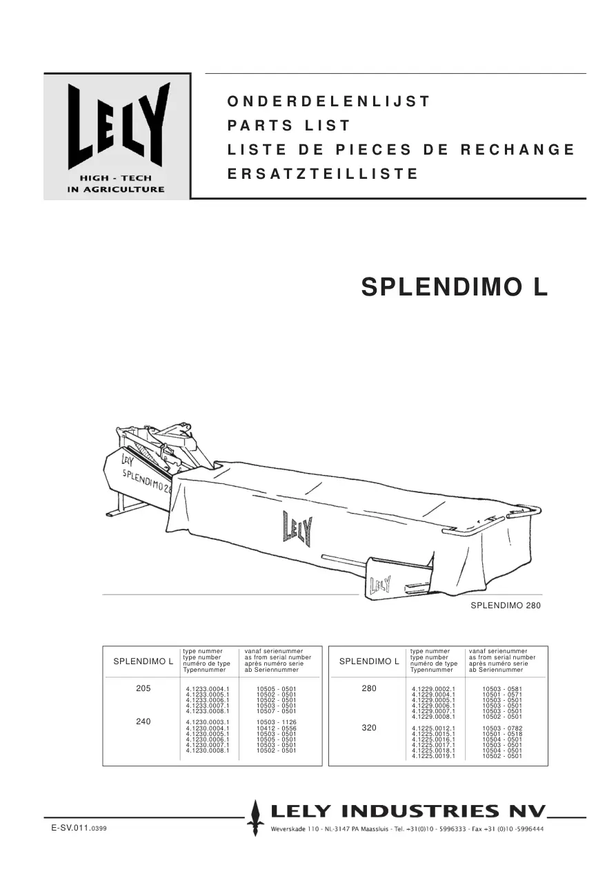 Lely Splendimo 205 240 280 320 L Parts Manual