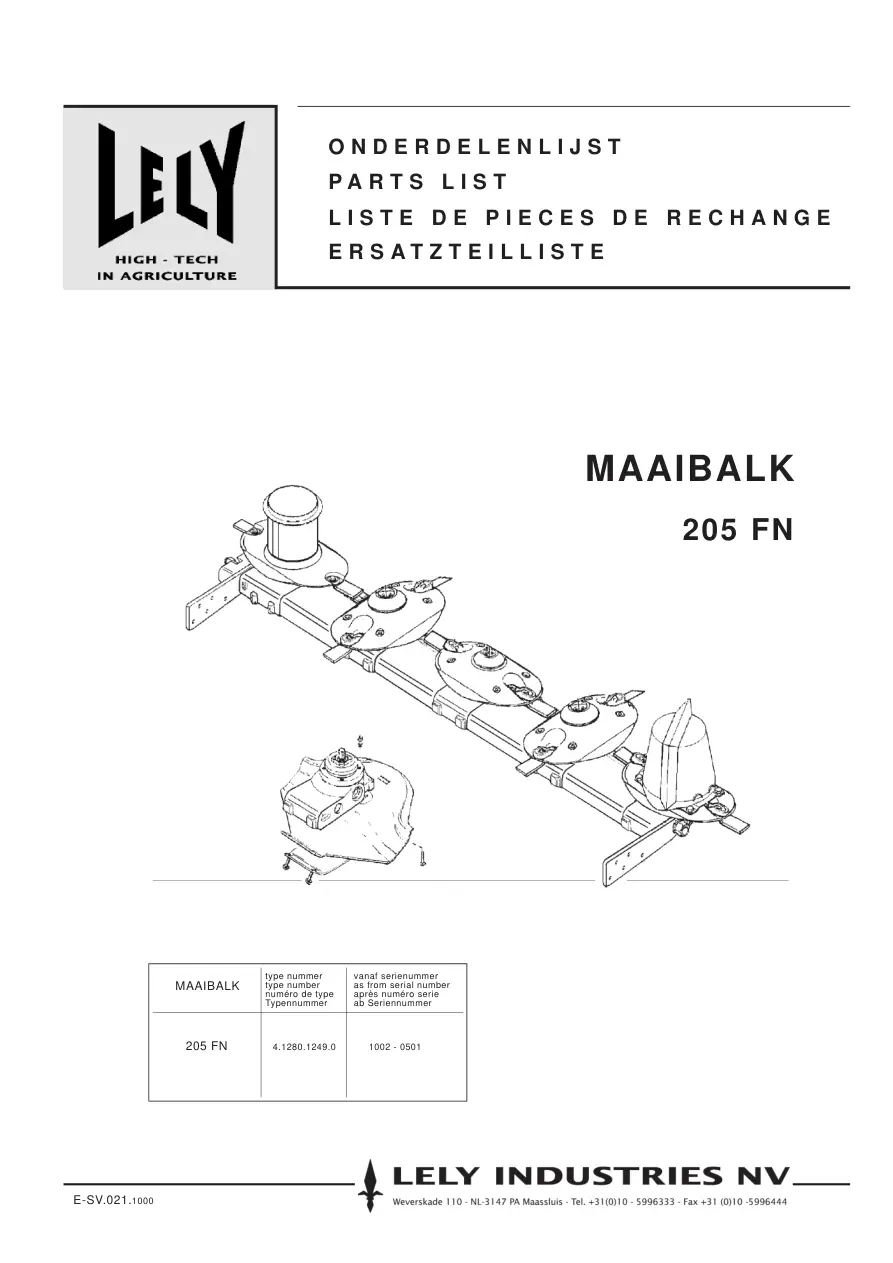 Lely Splendimo 205 Fn Maaibalk Parts Manual