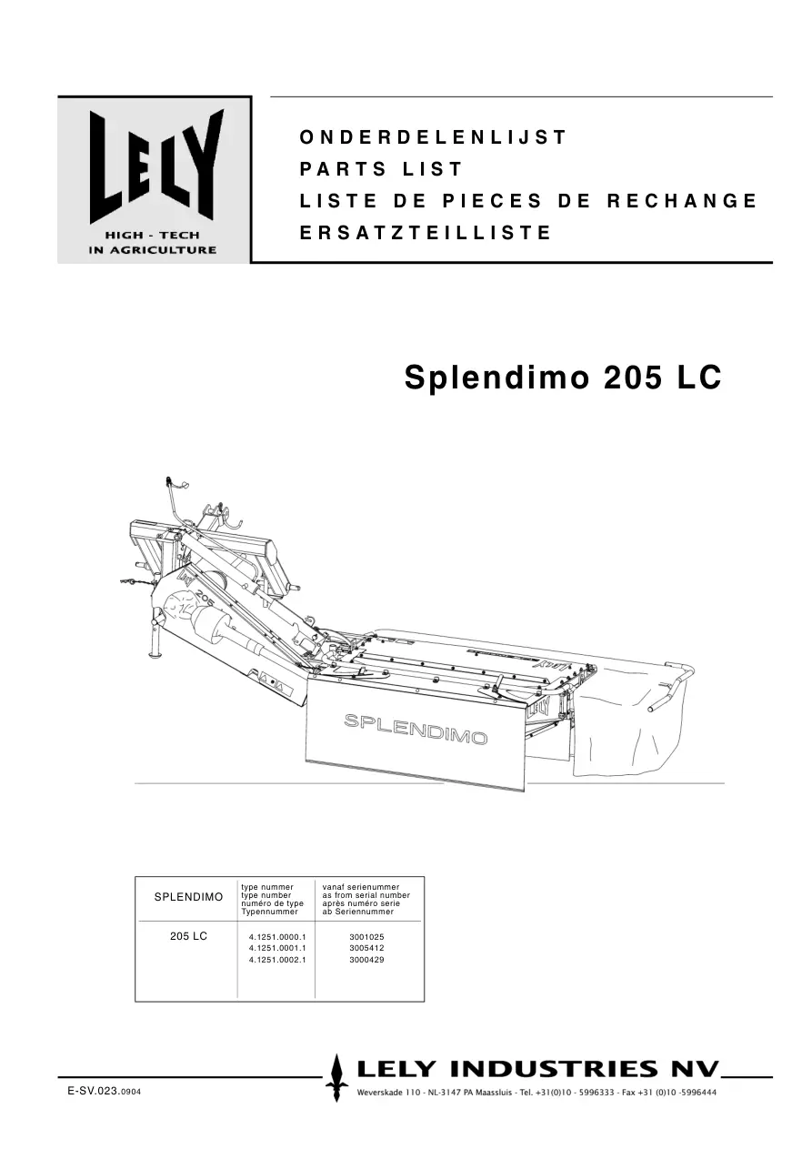 Lely Splendimo 205 Lc Parts Manual
