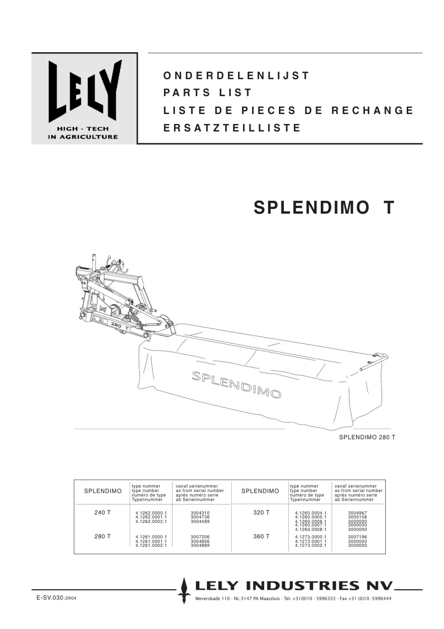 Lely Splendimo 240 280 320 360 T Parts Manual