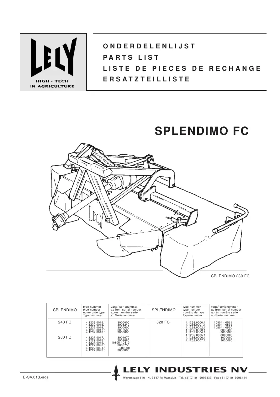 Lely Splendimo 240 280 320 Fc Parts Manual