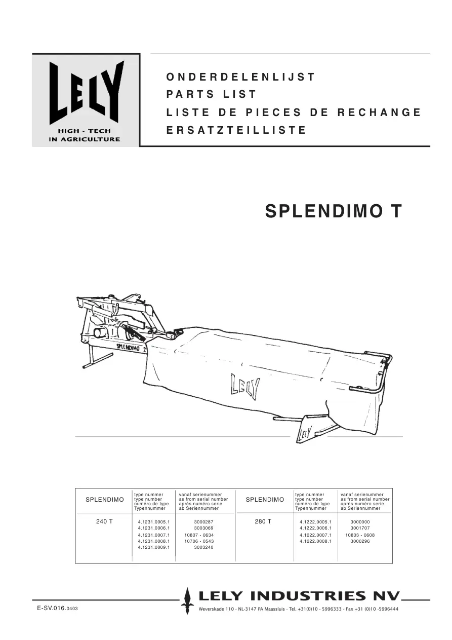 Lely Splendimo 240 280 T Parts Manual
