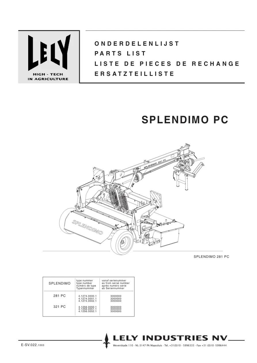 Lely Splendimo 281 321 Parts Manual
